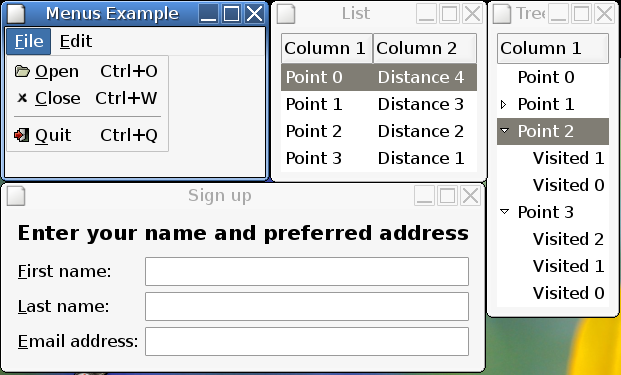 screenshot of four mGTK examples